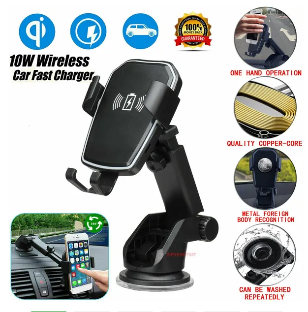 Qi Wireless Fast Charging Car Charger Mount Holder Stand 2 In 1 For Cell Phone