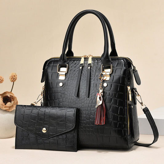 Womens Fashion Crocodile-Print Set Of Two Handbag And Crossbody Bag