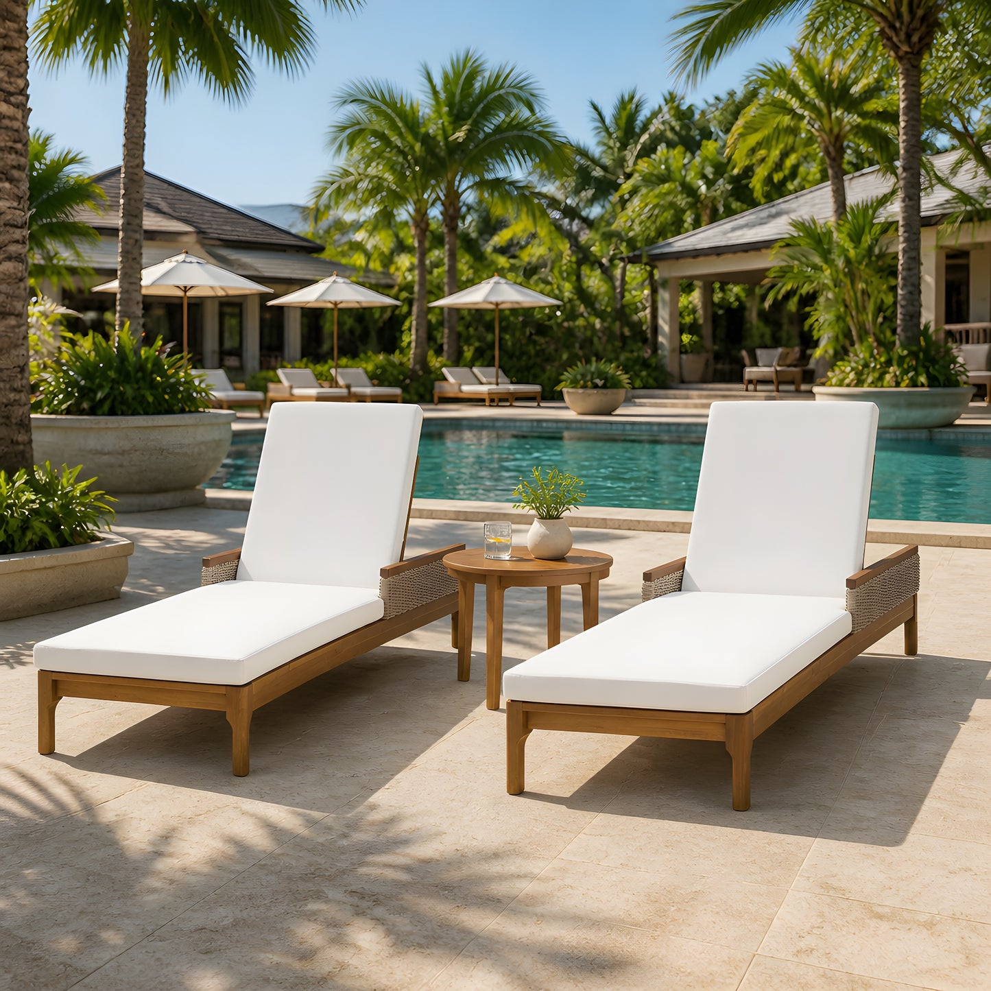 76.8  Solid Acacia Wood Sun Chaise Lounger Set Of 2, Outdoor Patio Furniture With Beige Cushions And Light Grey Wicker For Garden, Deck, Poolside Relaxation,Natural  Beige Cushion