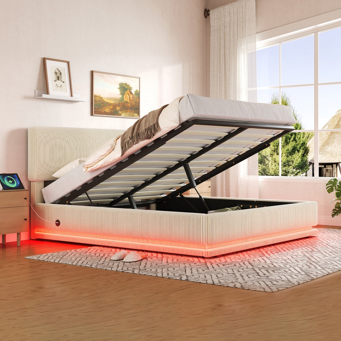 Modern Upholstered Beds With LED Lighting And USB-C Charging Function, Height-adjustable Headboard, Corduroy Fabric, Sturdy Slatted Frame, Large Underblanket Storage Space And Comfortable Upholstered