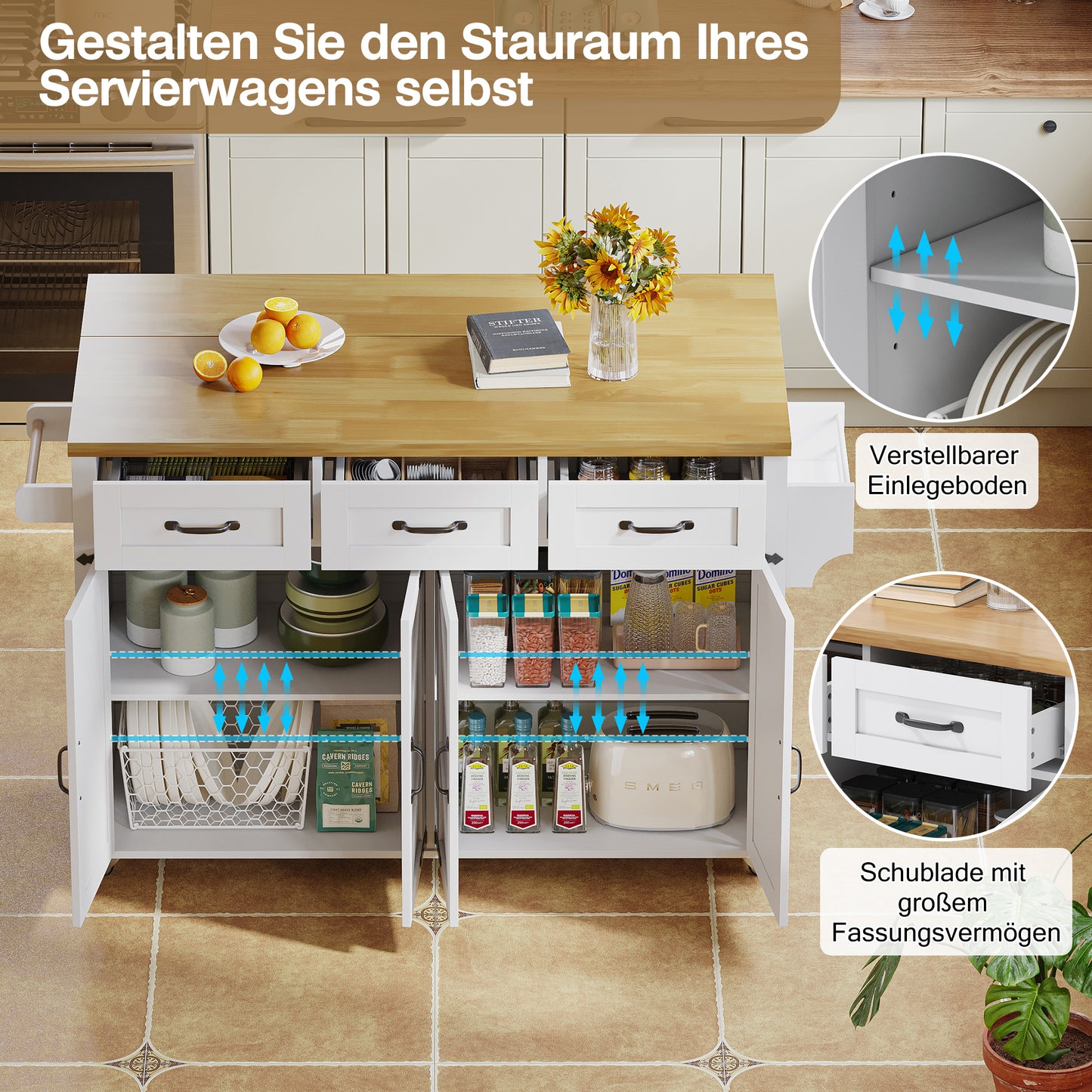 Kitchen Island With Folding Worktop, Equipped With 5 Lockable Castors, 4 Doors, 3 Drawers, Double-sided Towel Rails, Barn Style Design, White, 140x43 X90.5 Cm.