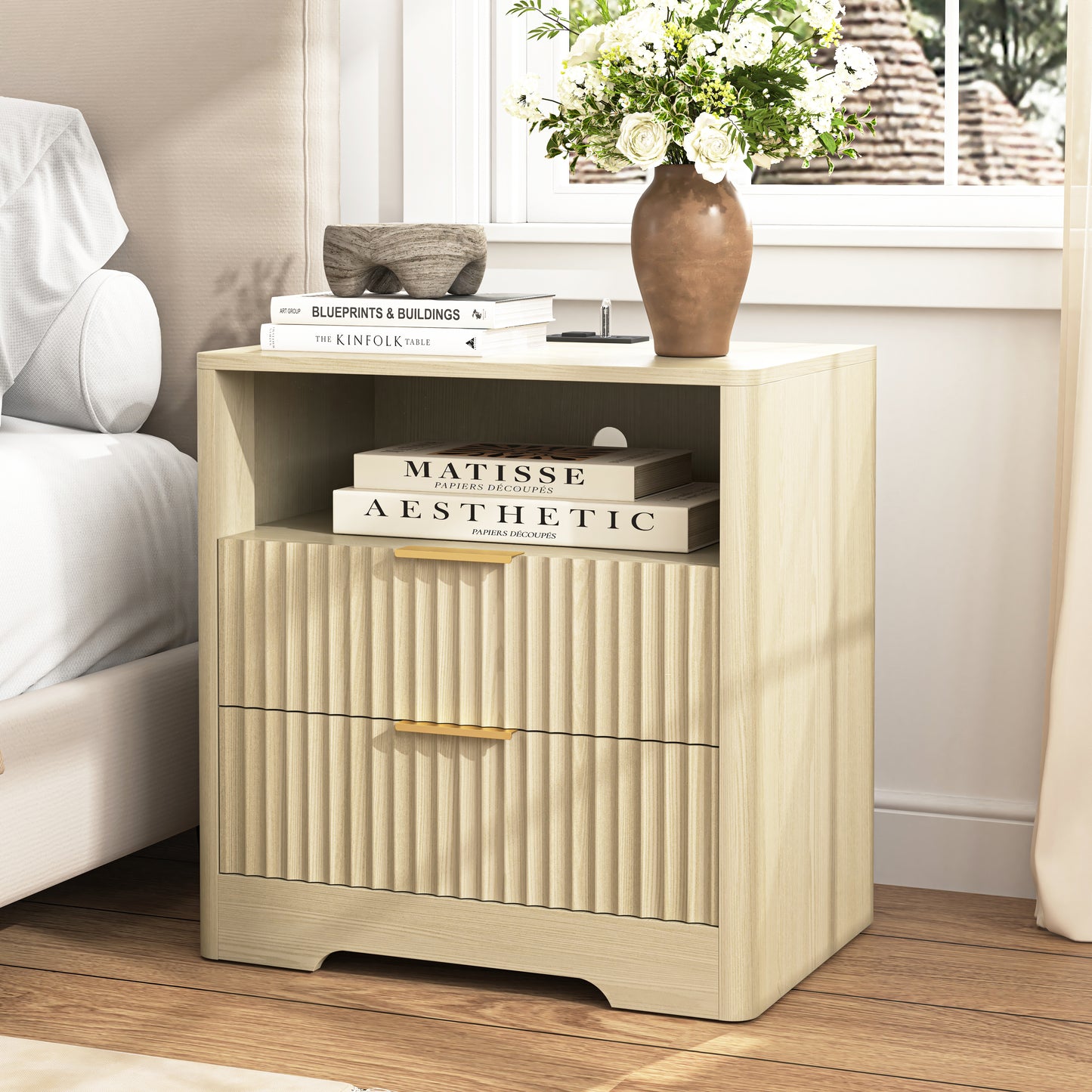 Nightstand With Charging Station, Smart Nightstand With Night Light,Bedside Tables With Storage Cabinet For Bedroom, Wood