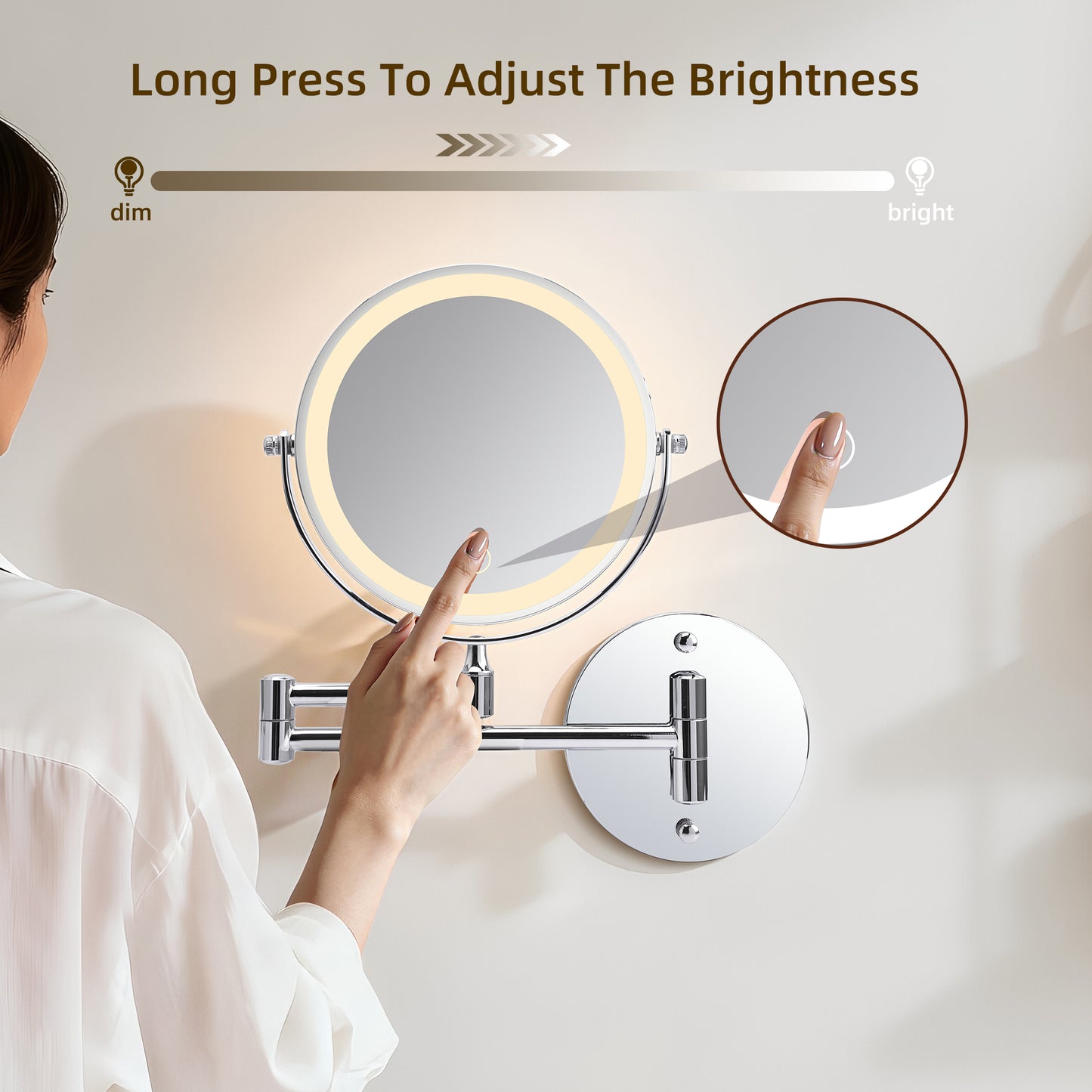 Rechargeable Wall Mounted Makeup Mirror 8 Magnifying Mirror With Lights Double Sided 1X10 360 Rotation Extension Bathroom Shaving Mirror With Foldable Arm