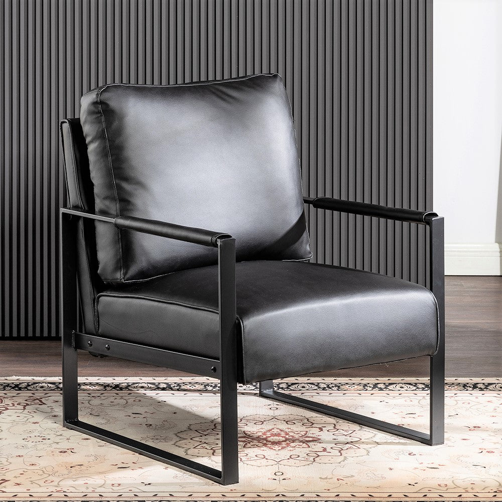 Classic Mid Century Modern Accent Chair With Durable Square Metal Frame, Armchair For Living Room, Bedroom, Home Office In Spotted Microfiber Upholstery, Black -PU Leather