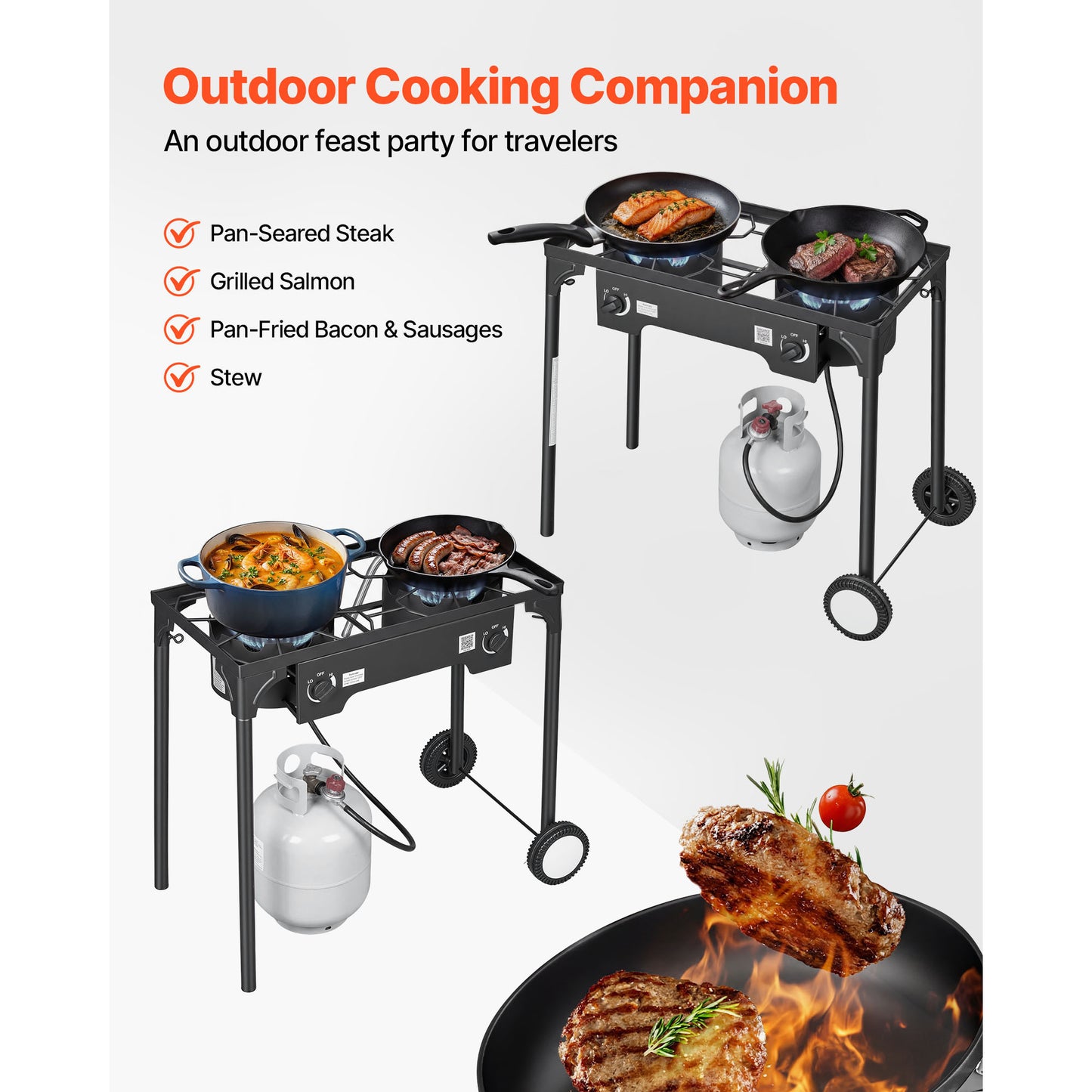 2 Burner Outdoor Propane Gas Stove, 150,000 BTU Propane LPG Gas Camping Stove, Heavy-duty Carbon Steel Outdoor Cooker, With 2 Wheels & 20 PSI Regulator & Hose, For BBQ Camp Home Patio B Ackyard