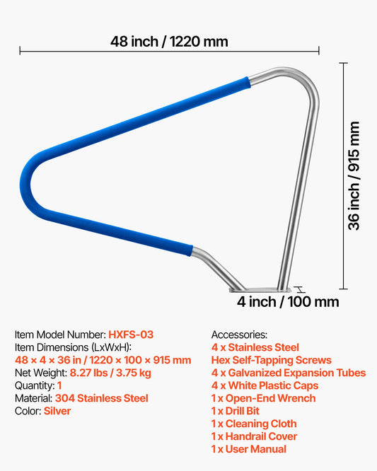 Pool Rail, 48 X 36 Inch Pool Handrail, 220 Lbs Load Capacity Heavy Duty 304 Stainless Steel Swimming Handrail, Detachable Nonslip Sleeve, Rich Accessories, For Poolside, Water Parks, Spa Centers