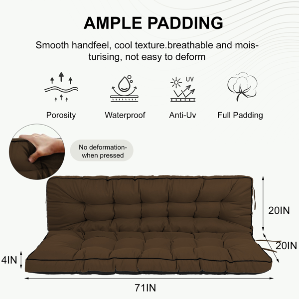 Outdoor Swing Cushions 70 Inch, Waterproof 4in Thick Porch Swing Cushion Replacement With Backrest And Ties, Comfortable 2-3 Seat Pation Swing Pad For Backyard, Garden, Lawn, Outdoor Furniture-coffee