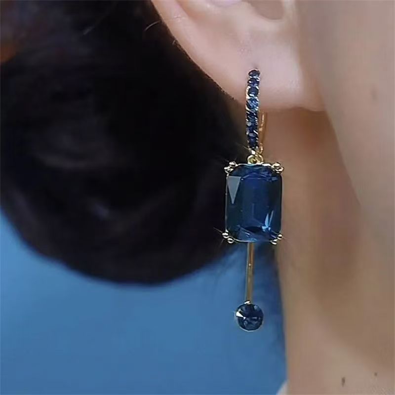 Light Luxury Blue Square Crystal Hoop Earrings, 2026 New Hot Niche Design Jewelry