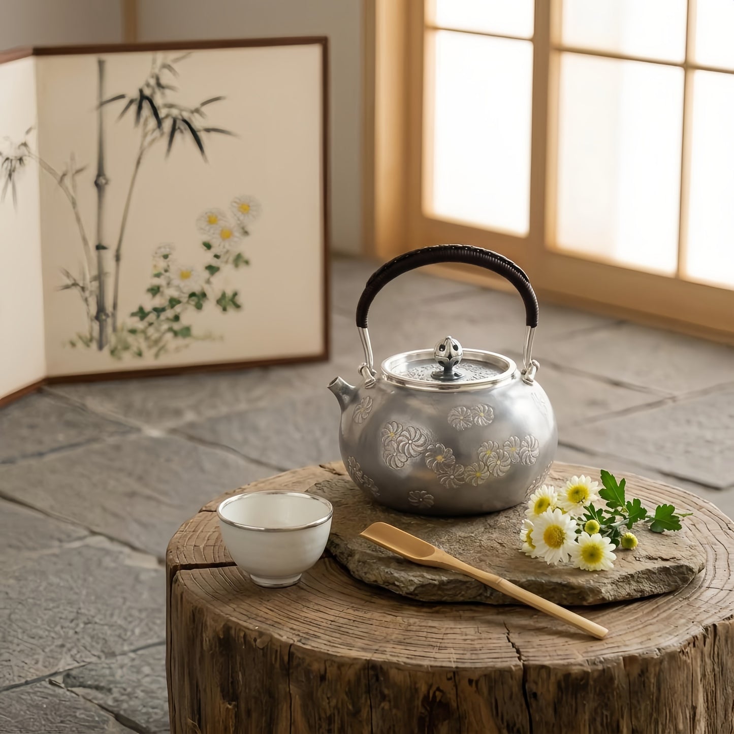 925 Sterling Silver Artisanal Silver Tea Vessel with Intricate Floral Patterns and a Rattan-Wrapped Handle - Handicraft