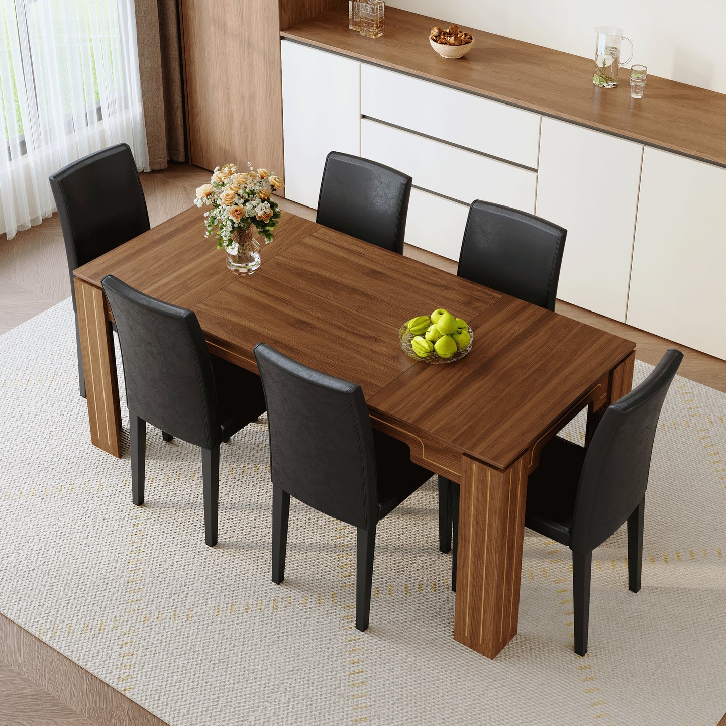 Table And Chair Set.71 X 31.5 Inch Walnut Wood Grain Dining Table, Paired With A Set Of 6 Black PU Dining Chairs. 1 Table, 6 Chairs, Home Dining Table And Chair Combination.