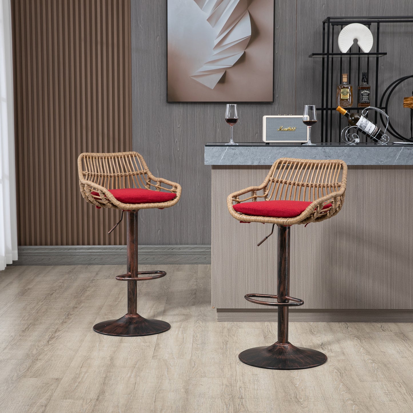 Modern Swivel Bar Stools Set Of 2 Adjustable Counter Height Chairs With Footrest For Kitchen, Dining Room  Red