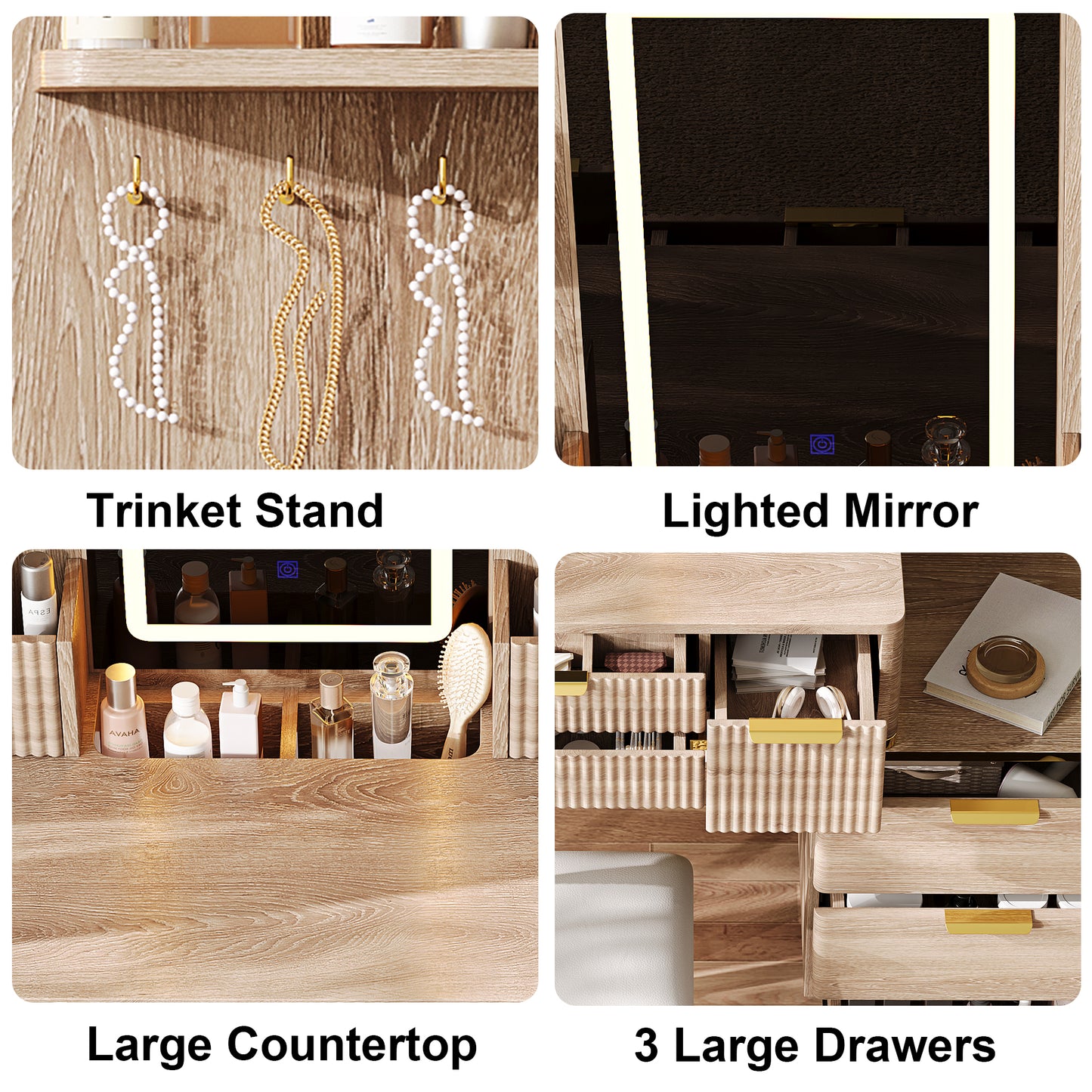 4-Drawer Vanity Desk With LED Mirror & Carved Details, Fluted Makeup Table With Metal Legs And PU Stool, Carved Dressing Table With Jewelry Storage For Bedroom