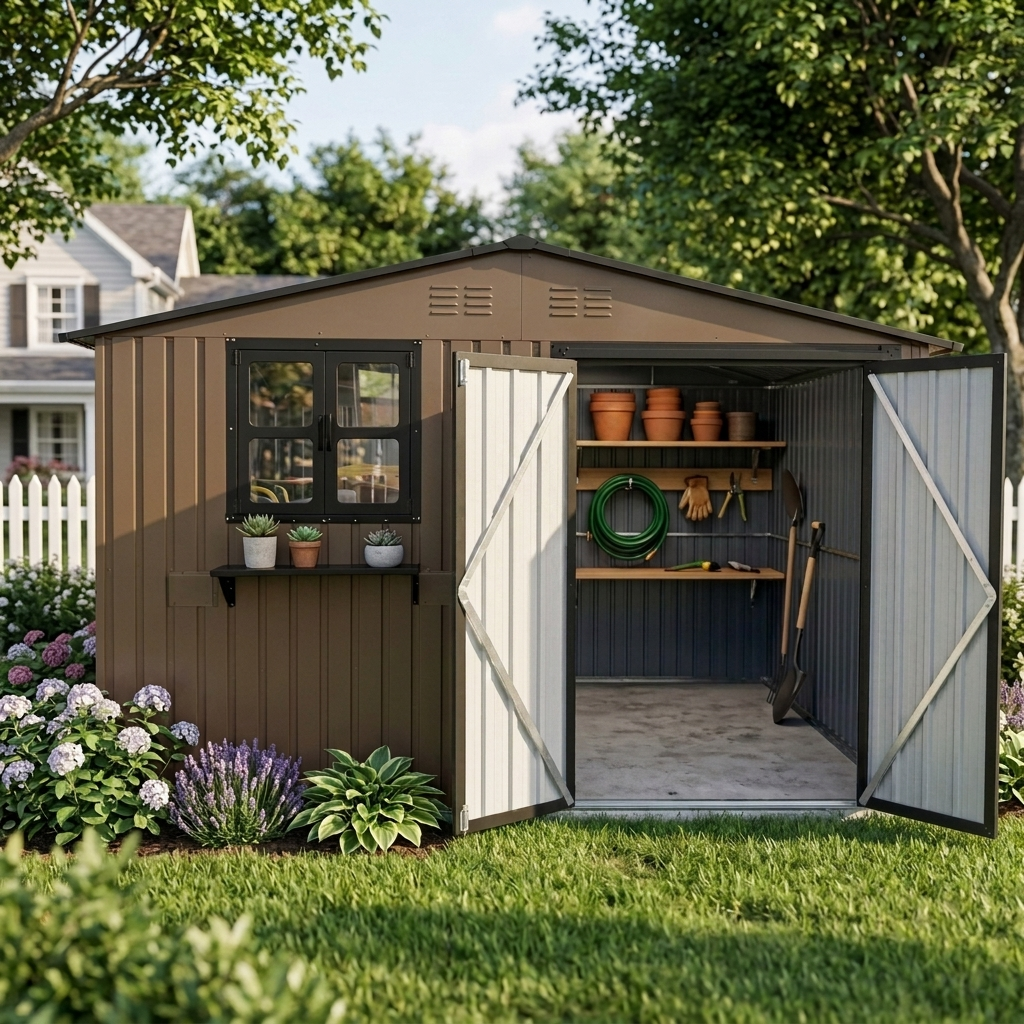 10x8 FT Outdoor Metal Storage Shed With Window & Flower Rack, Lockable Double Doors Tool Shed, Waterproof Weatherproof Garden Shed For  Patio,  Brown Black
