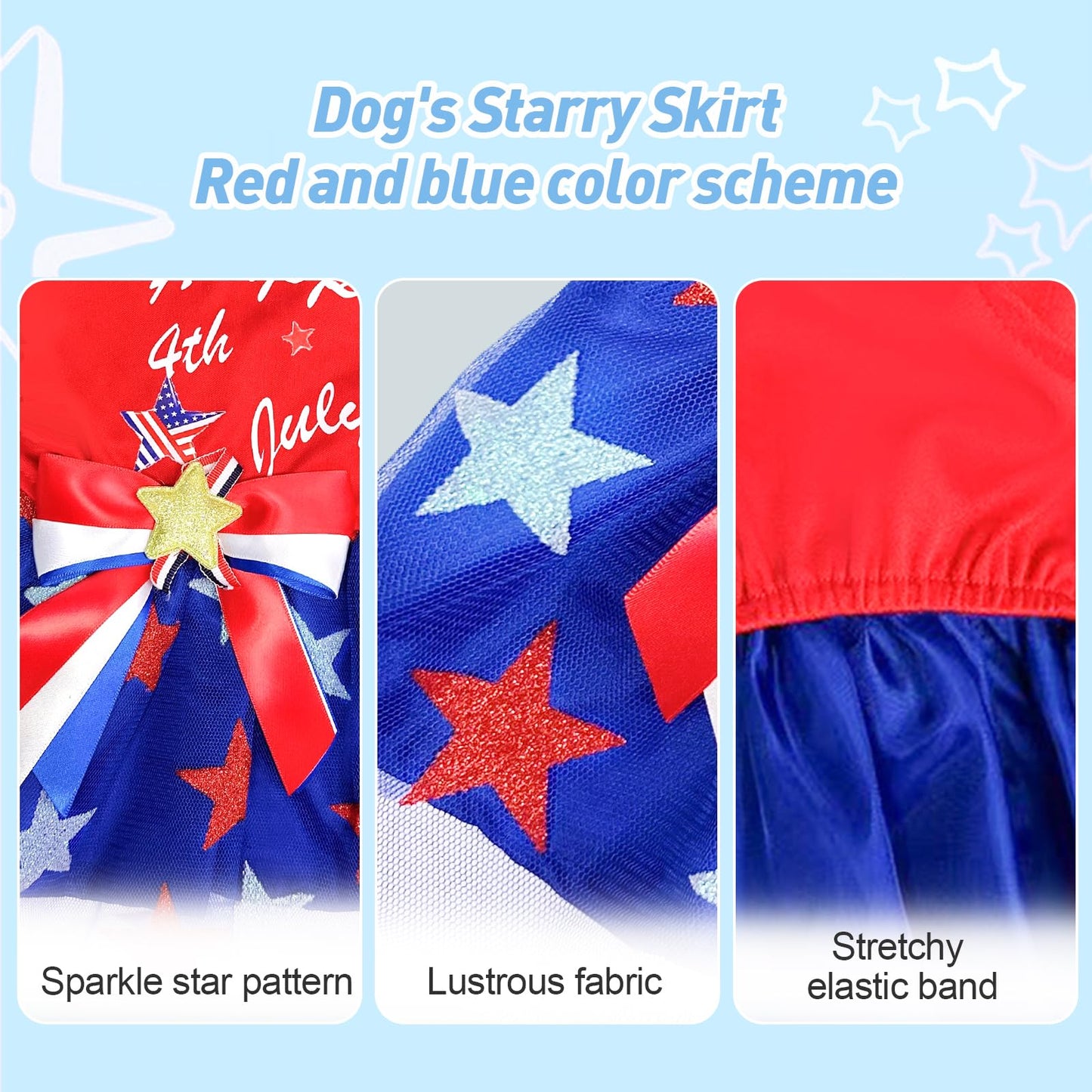 Dog Tulle Dress Independent Day Patriotic Stars Dog Outfit Sparkly Pet Holiday Dress With Bow For Small Dogs Cat Clothes