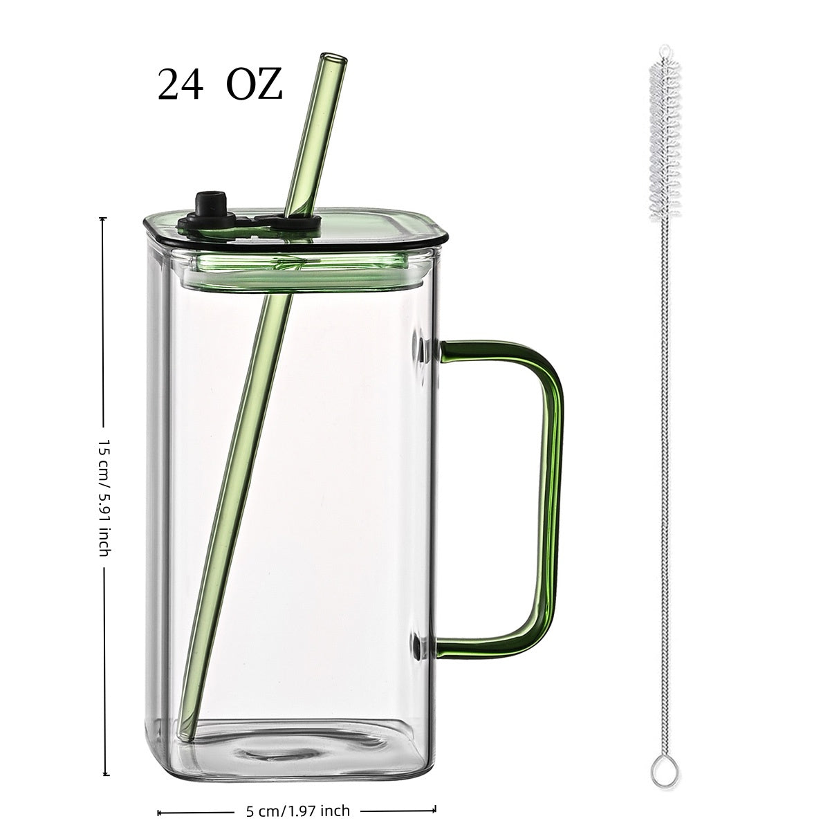 1 Pcs Green Glass Straw Cup, 4 Colors Square Glass Cup With Straw And Lid, High Borosilicate Glass Cup, Milk Cup, Juice Cup, Cold Drink Cup, Coffee Cup, Tea Cup, Office Cup, Gift Cup