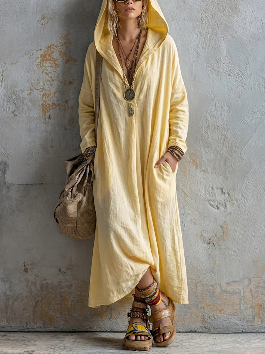Autumn New Hooded Linen Long Dress With Long Sleeves