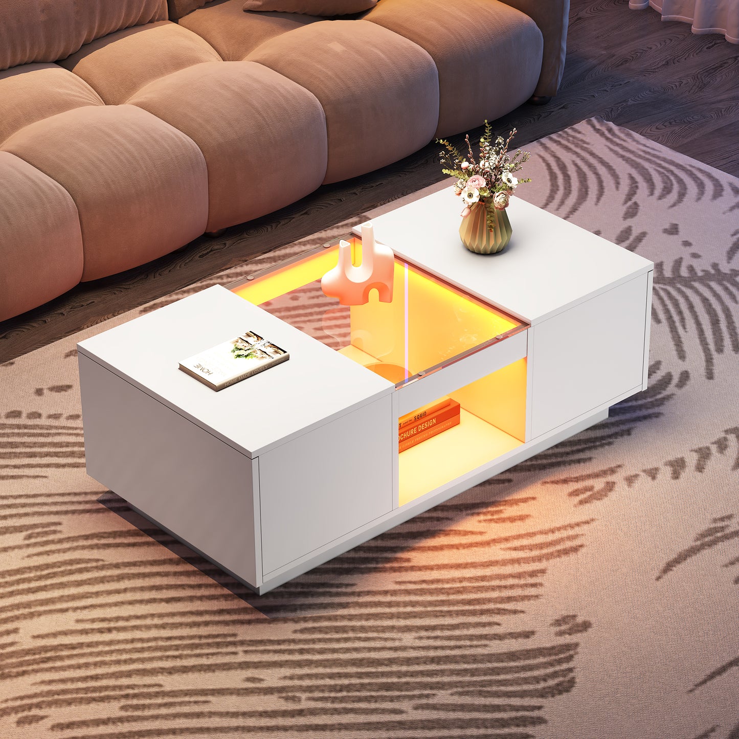 White Coffee Table 100x50x35.5 Cm -With Glass Cladding, LED Lighting, App Control, 2 Drawers And 1 Open Compartment