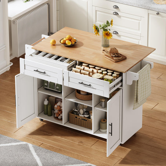145 X 45 X 94.5 Cm, Multifunctional Mobile Kitchen Island With Folding Worktop, Adjustable Shelves, 5 Wheels, Concealed Cutlery Drawer  Suitable For Kitchens, Dining Rooms, Living Rooms, Etc.