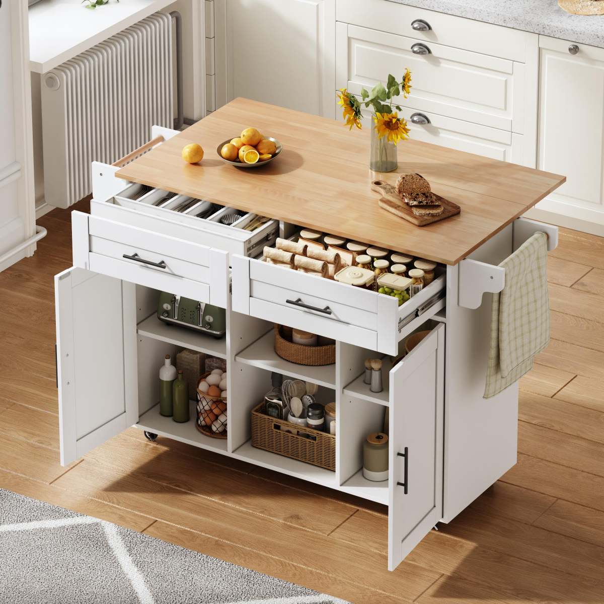 145 X 45 X 94.5 Cm, Multifunctional Mobile Kitchen Island With Folding Worktop, Adjustable Shelves, 5 Wheels, Concealed Cutlery Drawer  Suitable For Kitchens, Dining Rooms, Living Rooms, Etc.