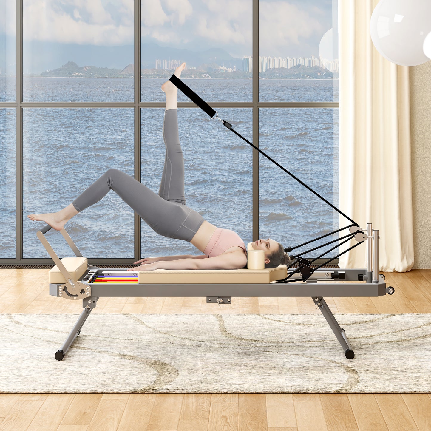 Pilates Reformer Machine For Home Gym Workout, Foldable Pilates Equipment With High Strength Alloy Springs For Beginners, Up To 330lbs,Beige