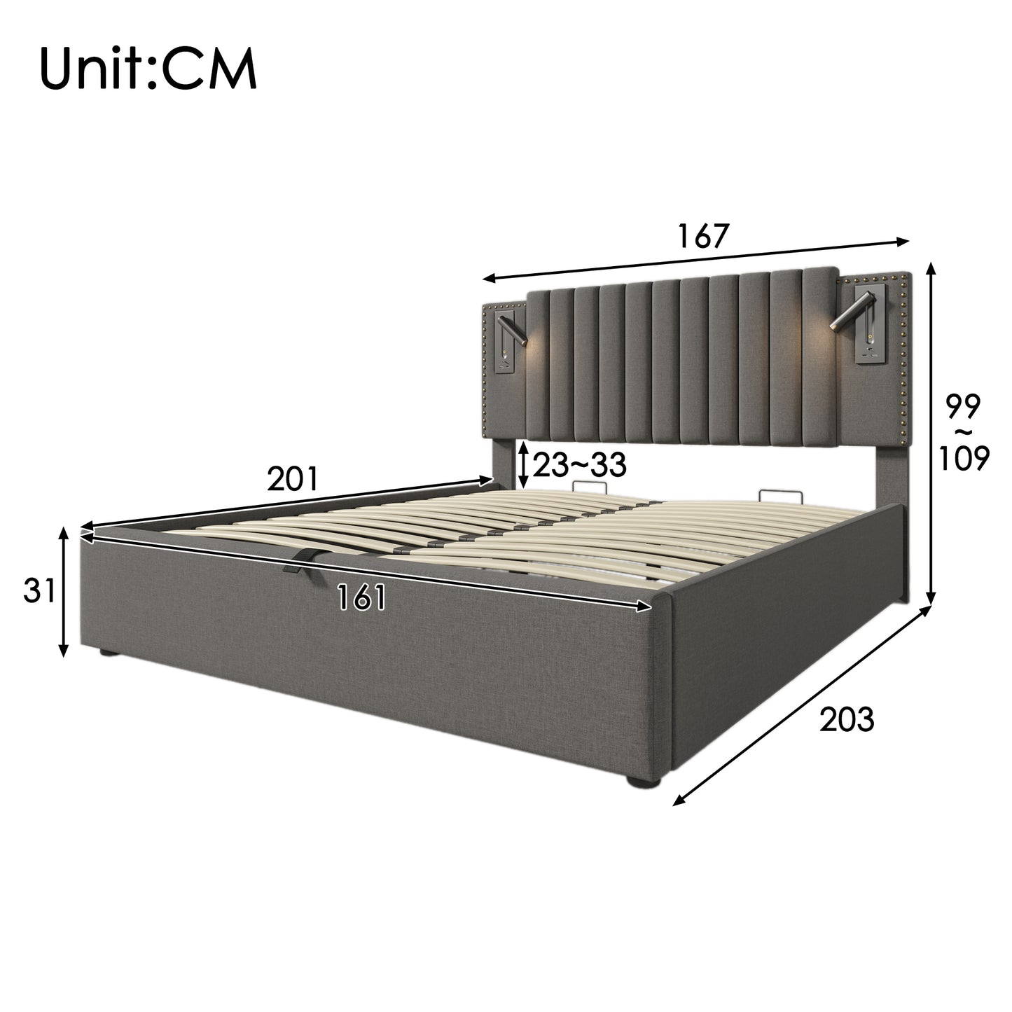 Upholstered Bed 160x200,double Bed Storage Storage Bed Box,reading Light With USB Charging Function Headboard,backrest With Rivet Design,bed With Slatted Base And Bed Box, Cotton, Grey  Without Mattre