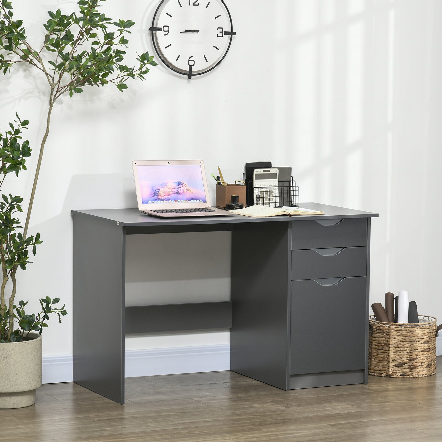 Computer Desk With Drawers, High Gloss Home Office Desk With Storage Cabinet, Study Workstation, 120 X 60cm, Grey