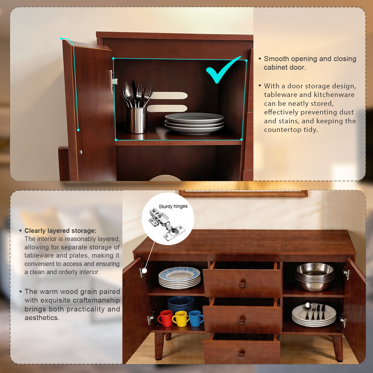 47.3  Mid Century Modern Sideboard Buffet Cabinet, Kitchen Buffet Cabinet With Solid Wood Frame Legs & Wooden Handle, Storage Cabinet With 2 Doors And 3 Drawers For Kitchen,Dining,Living Room, Walnut