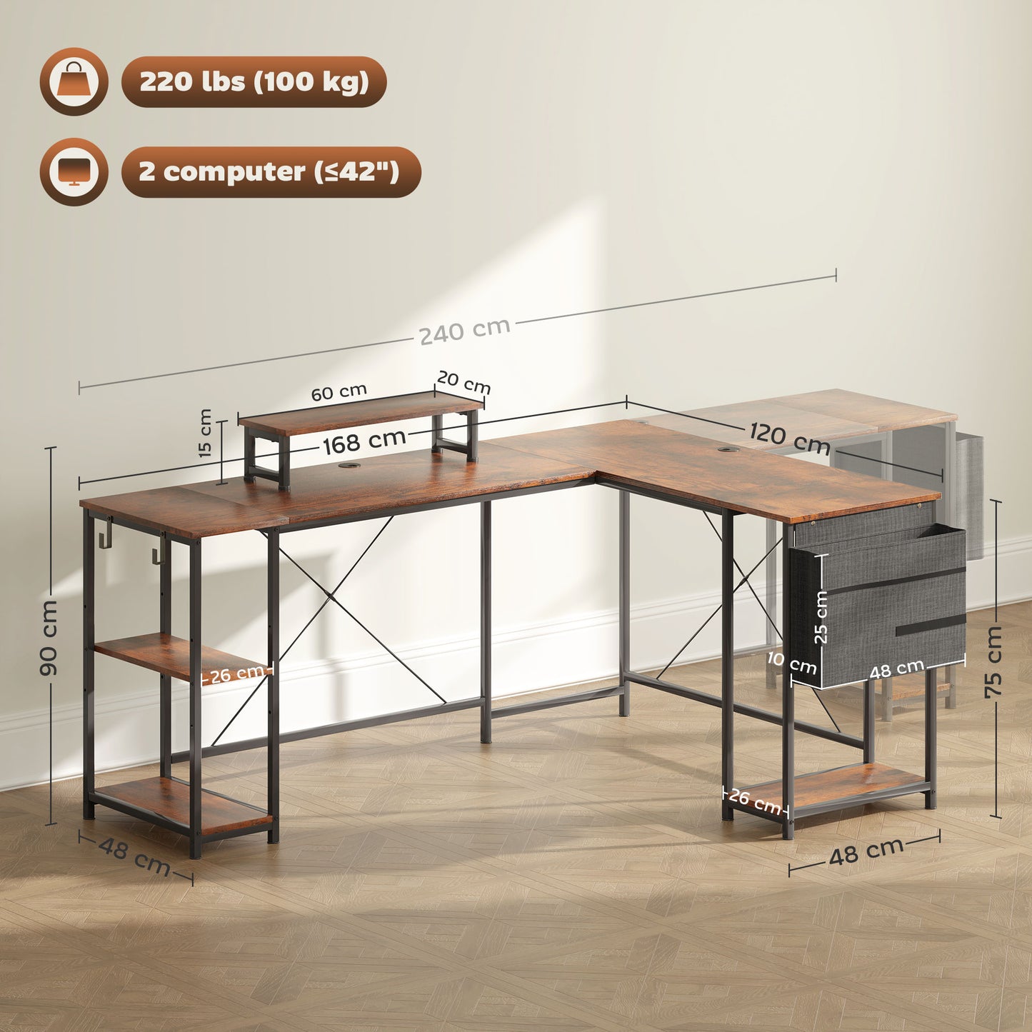 168cm Reversible L Shaped Desk, Industrial Corner Computer Desk With Adjustable Shelf And Storage Bag, 240cm 2 Person PC Table With Monitor Stand, Rustic Brown