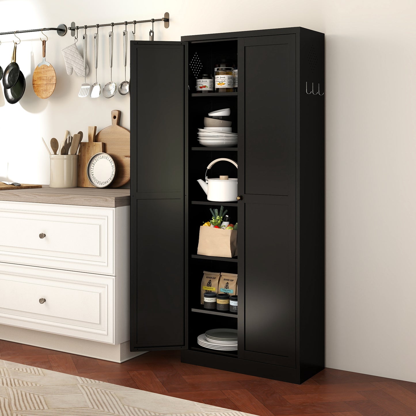 72  Black Metal Kitchen Pantry Cabinet With Doors, Heavy-Duty Freestanding Storage Organizer With 5 Adjustable Shelves, Tool-Free Assembly For Pantry, Kitchen, Bathroom