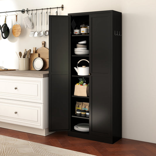 72  Black Metal Kitchen Pantry Cabinet With Doors, Heavy-Duty Freestanding Storage Organizer With 5 Adjustable Shelves, Tool-Free Assembly For Pantry, Kitchen, Bathroom