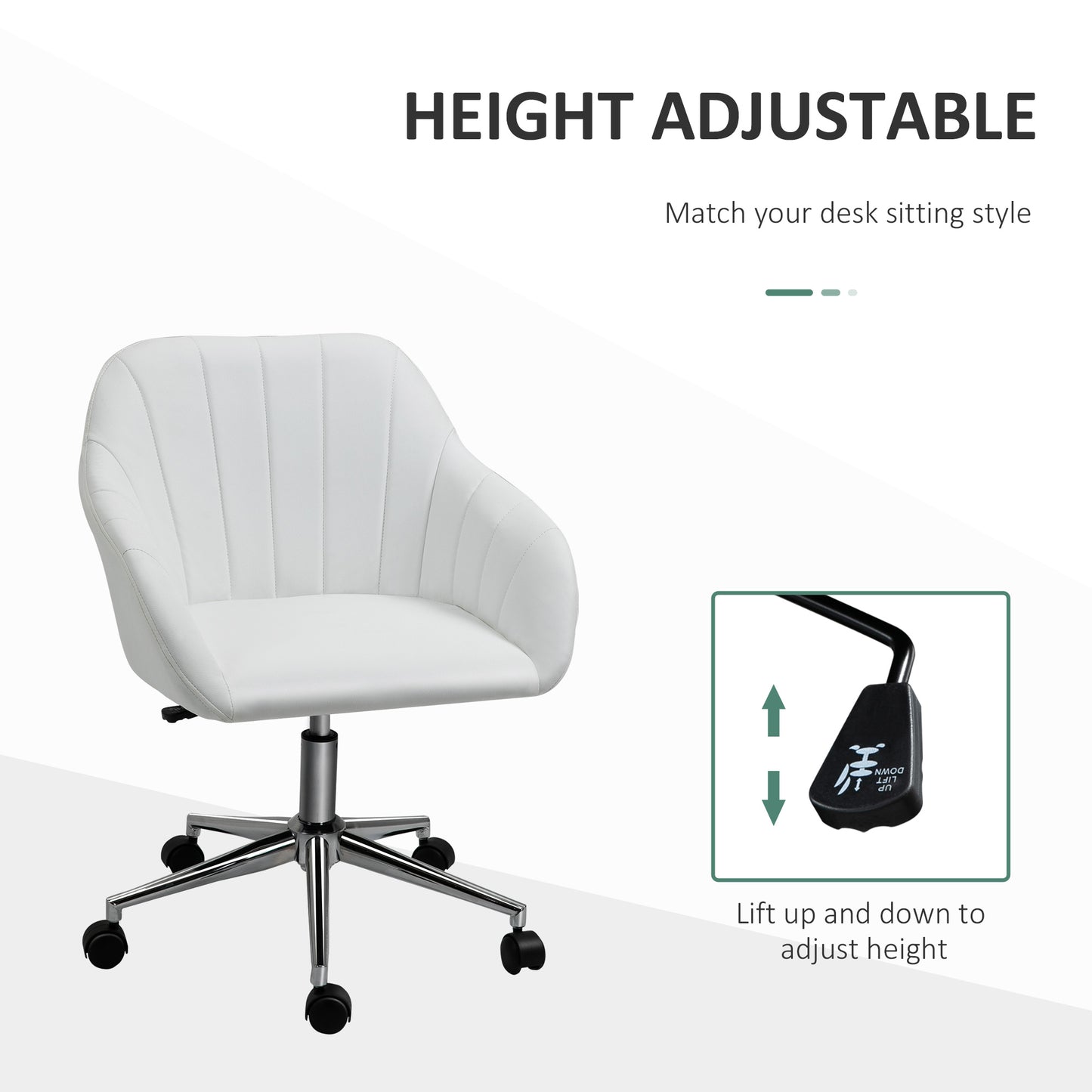 Mid Back Home Office Chair Computer Desk Chair with PU Leather, Adjustable Height, Swivel Wheels for Study, Bedroom, White