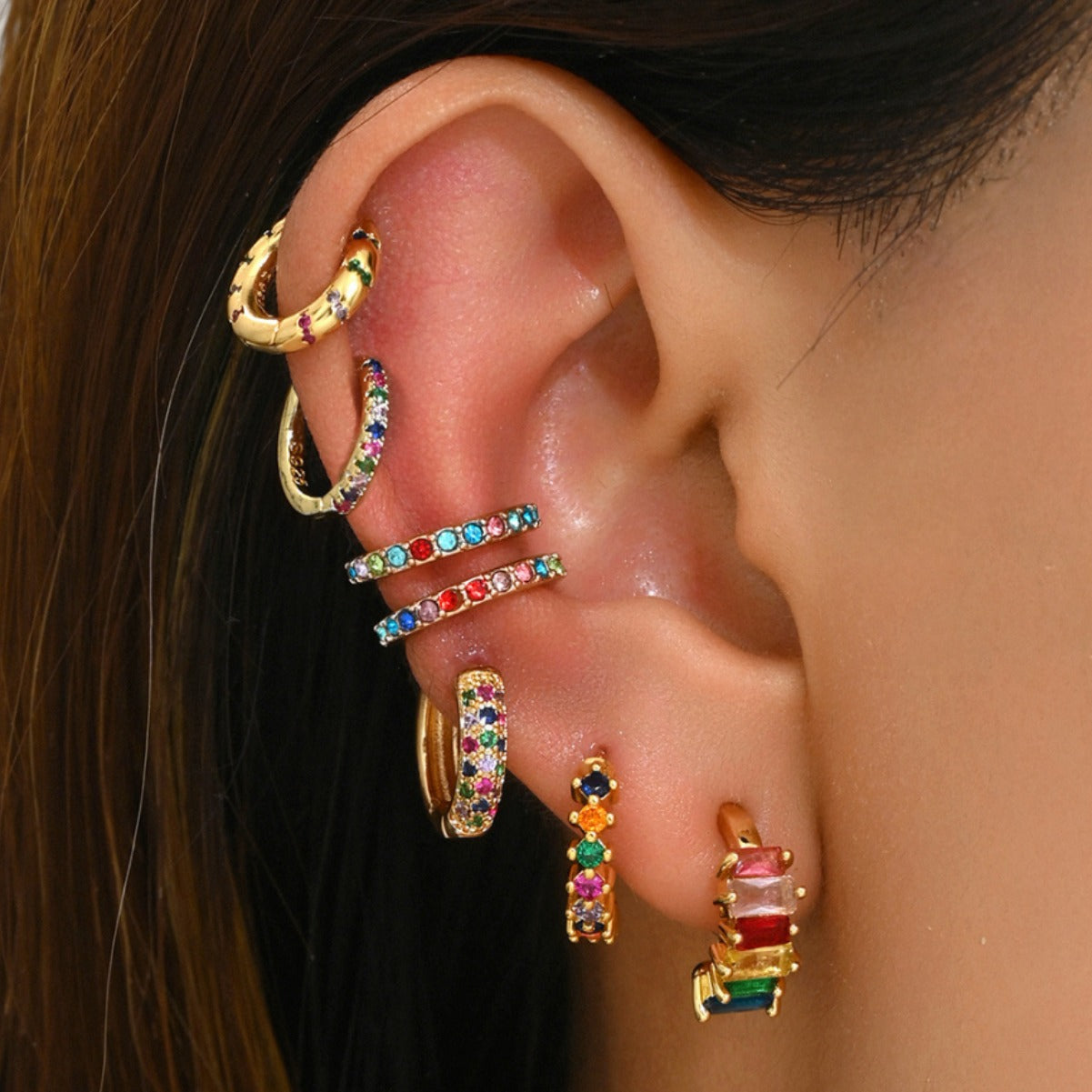 New European Copper Real Gold Plated Earrings For Women, Niche Design Inlaid Colorful Rhinestones, Elegant Light Luxury Stud Ear Jewelry