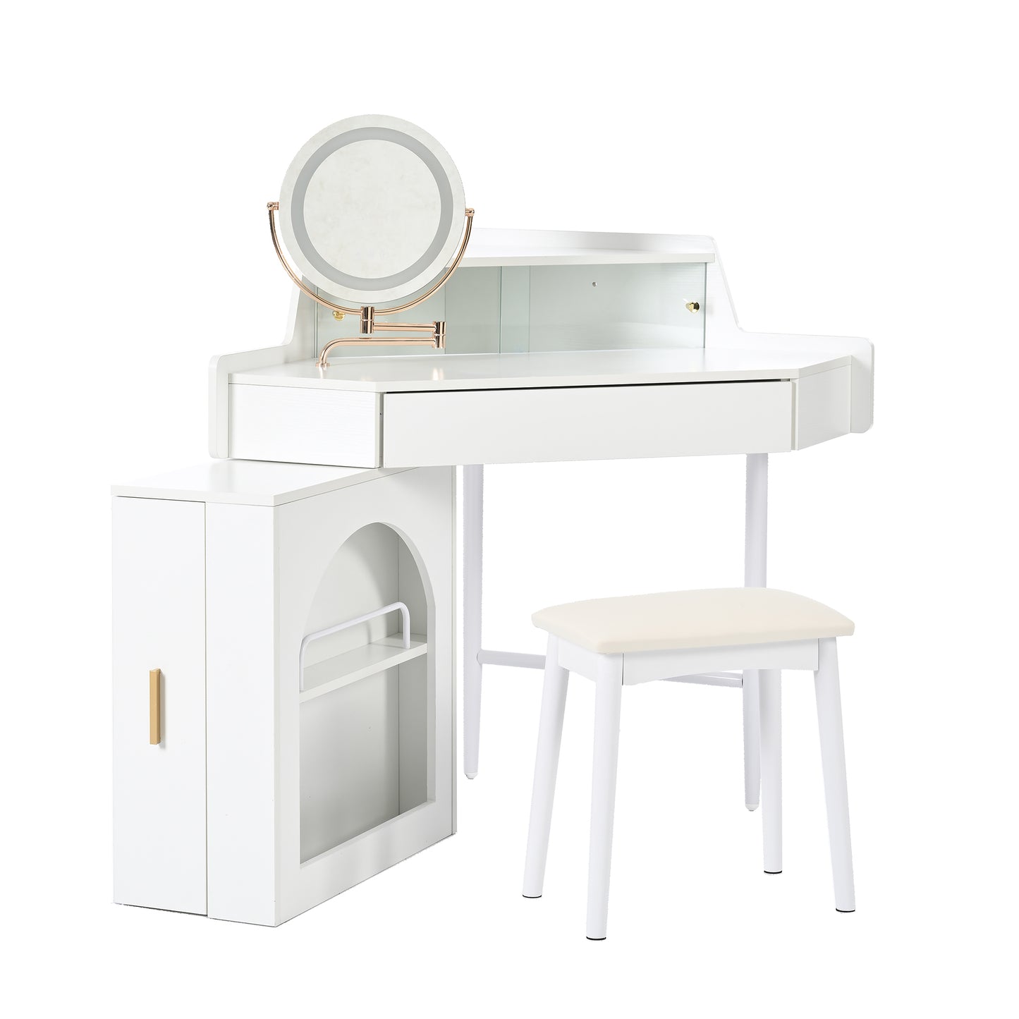 Corner Makeup Vanity Desk With Mirror & LED Lights, Modern Vanity Set With Mirror And Stool, Dressing Table With Large Storage For Small Place, Brightness Adjustable Folding Mirror, White