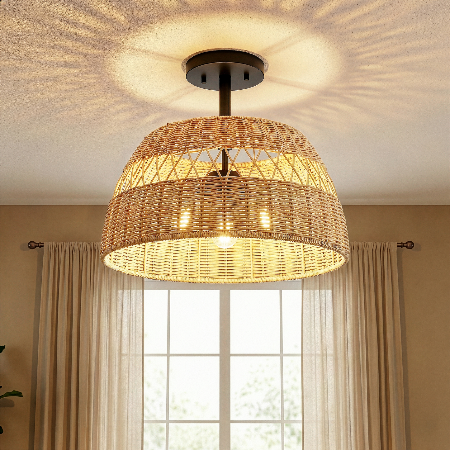 Twinkle Double Lights Semi Flush With Rattan Shade Black Metal Finish For Farmhouse Style Decor 12.6  H X 15  W X 15  D