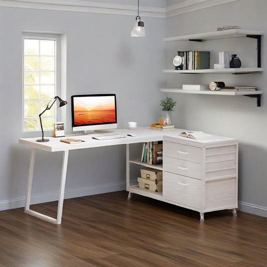 L-Shaped Desk With 3 Drawers, Reversible Corner Home Office Computer Desk With Shelves, 53-Inch Industrial PC Desk Study Writing Table