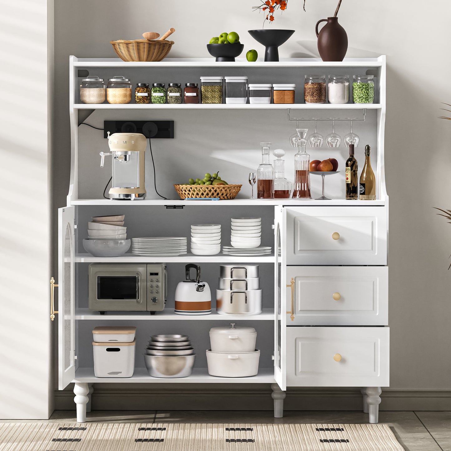 Tall Cabinet With Sockets And Drawers, Bar Cabinet With Wine Glass Holders And Storage Space, Kitchen Buffet Cabinet With Adjustable Layered Shelves, Ideal For Kitchen And Dining Room  White