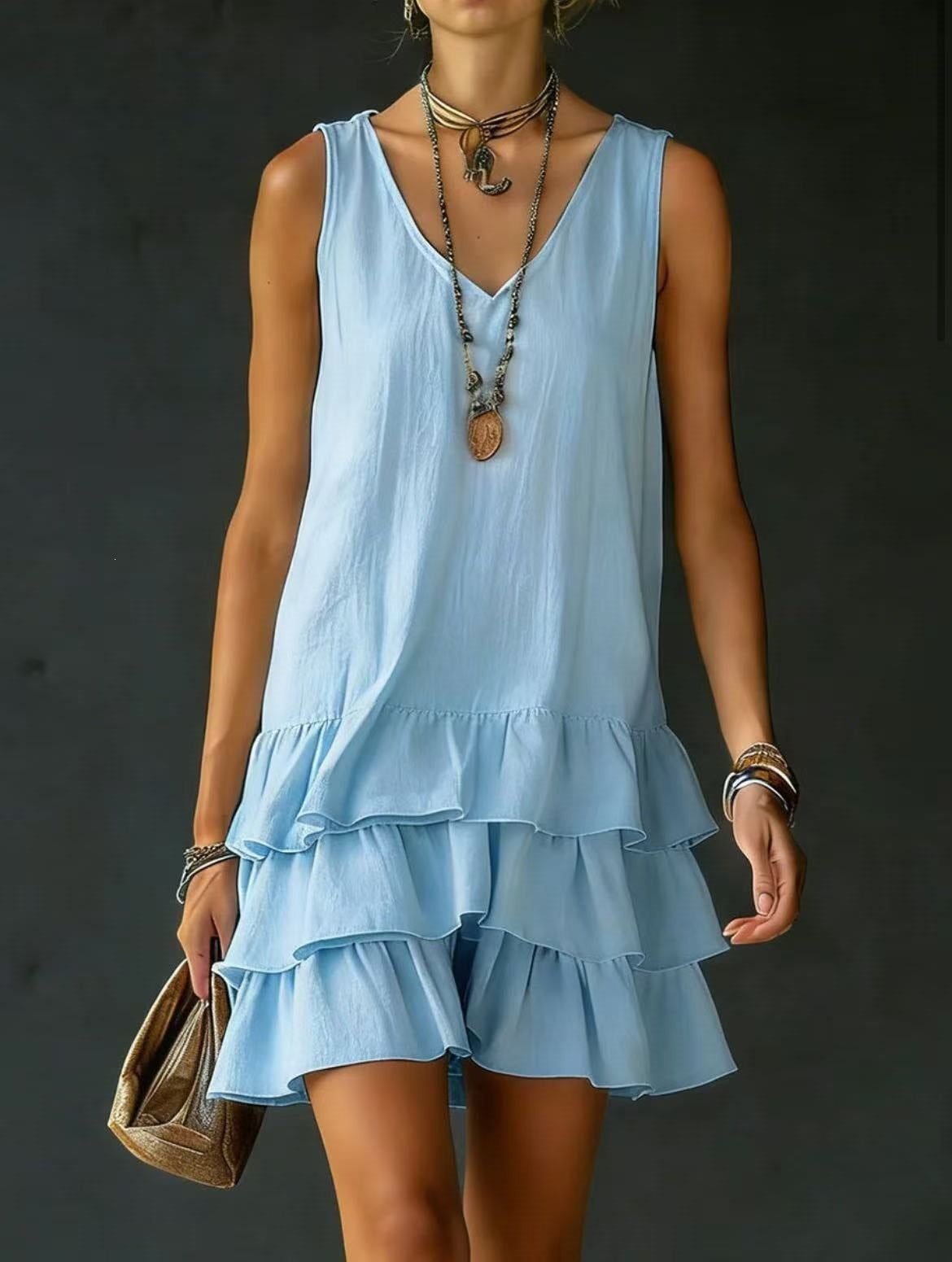 Spring Summer Fashion Women Solid Color Loose Casual Tank Dress With Side Pockets