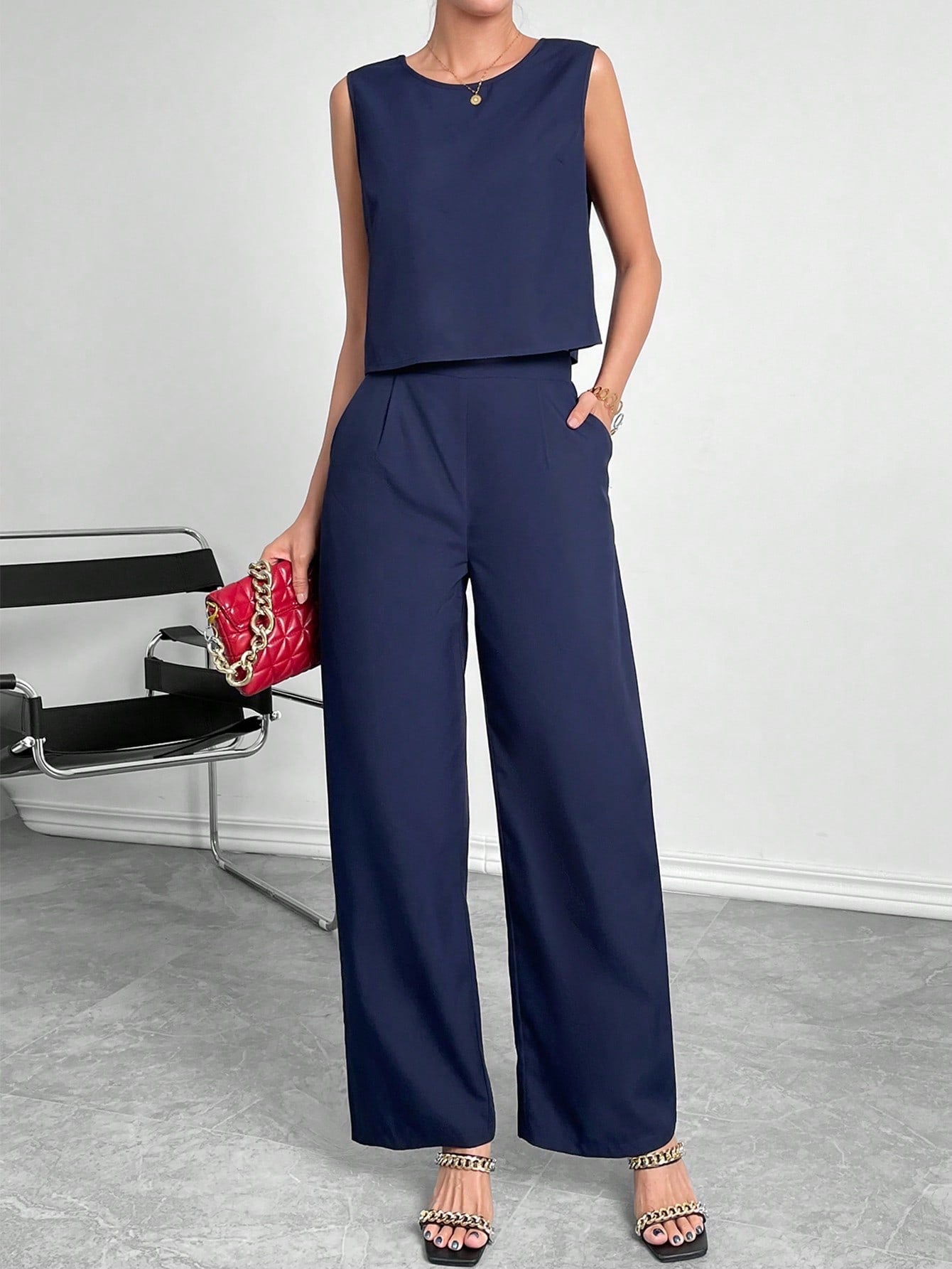 Women's Sleeveless Round Neck Crop Top & Wide Leg Pants Two Piece Set - Casual Solid Color Office Wear Outfit
