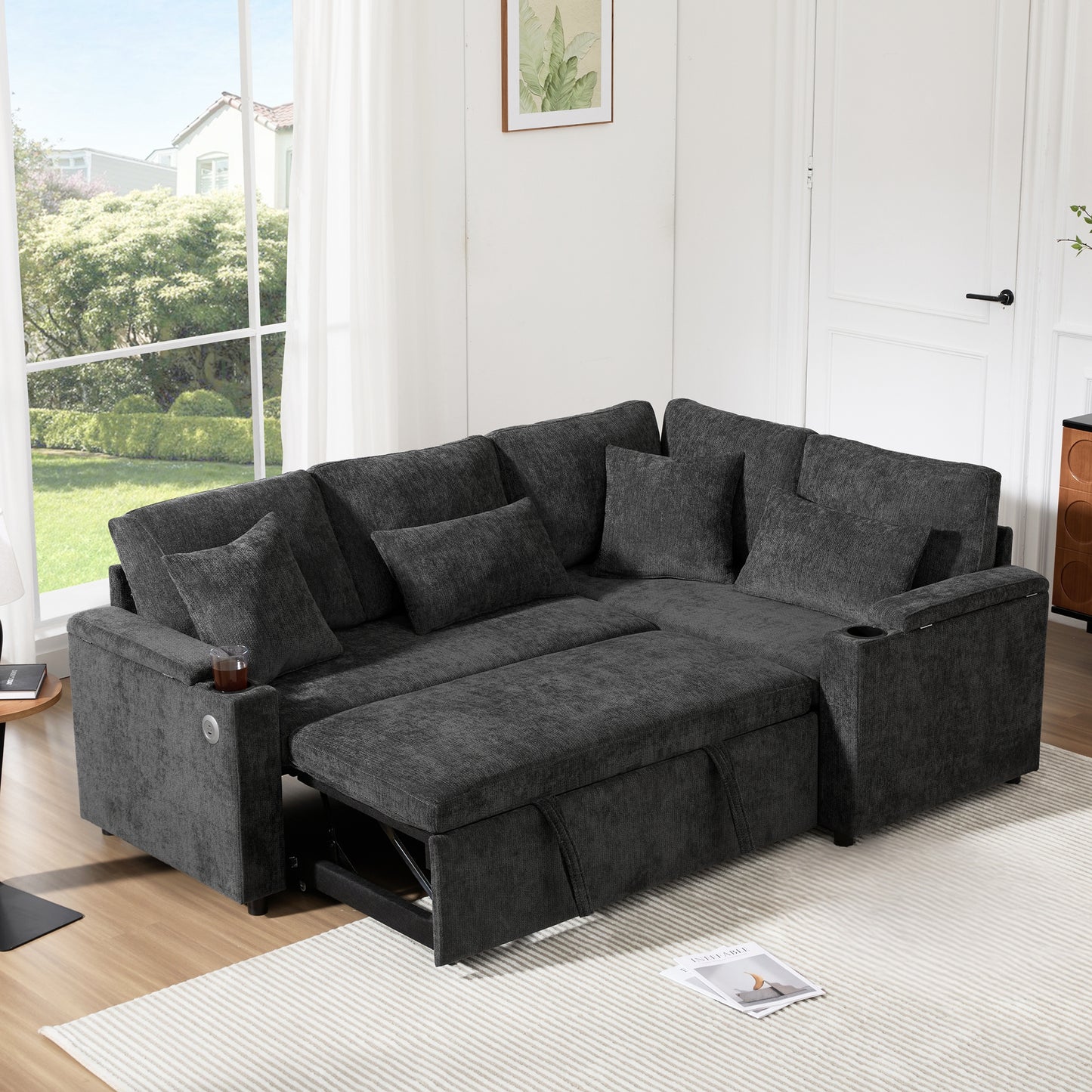 L-shaped Pull-out Corner Sofa, Canape Convertible With Storage, Cup Holder, USB Charging Port, Armrest Rest And Four Cushions. Suitable For Living Rooms, Guest Rooms, Home Theaters And Living Rooms.