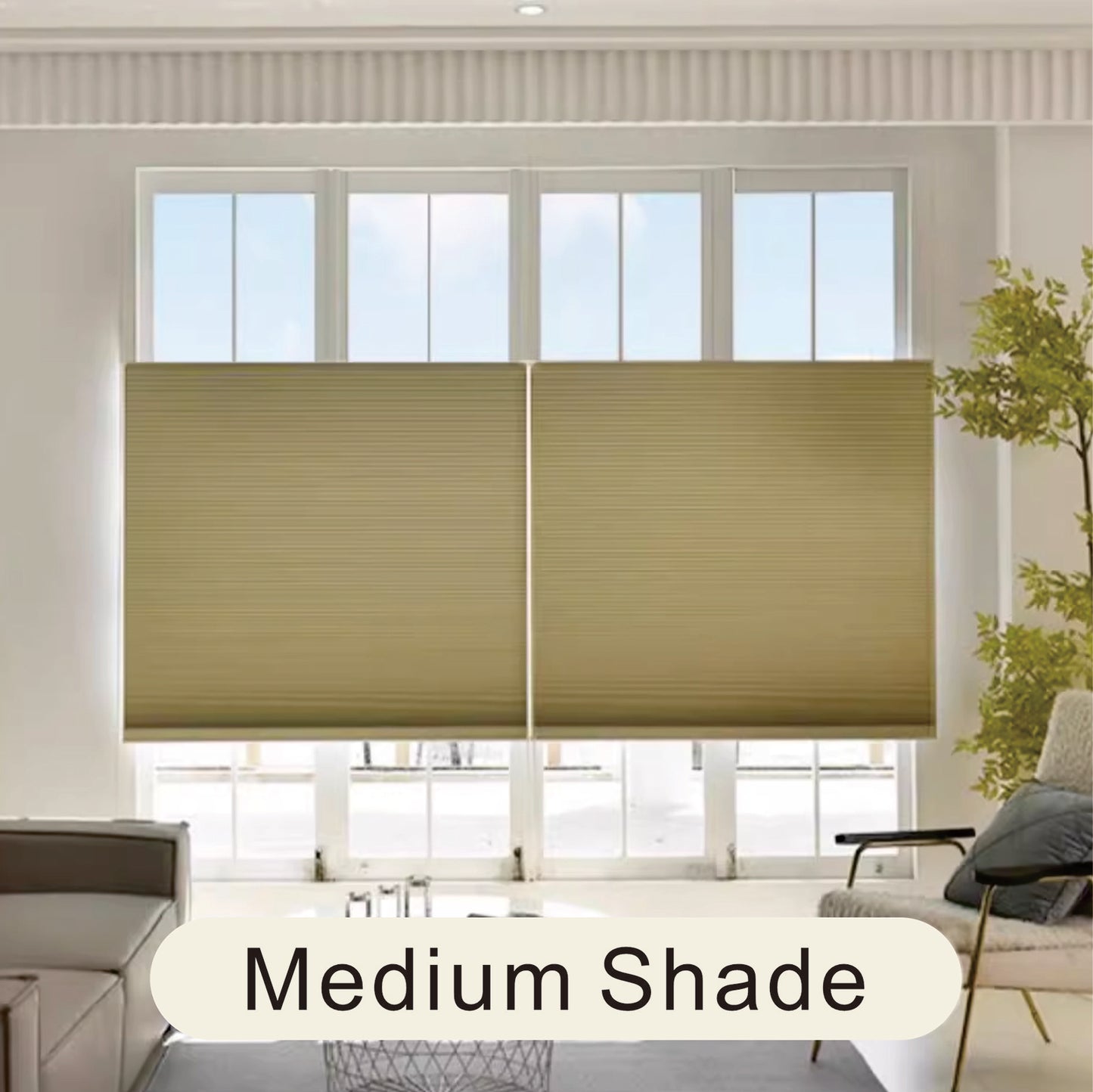 Raised Flag Day-Night Shade With Remote Control And Solar Panel-Full Blackout Motorized Shades For Home And Office-Cordless Organ Shade-Cordless Cellular Shade-Khaki