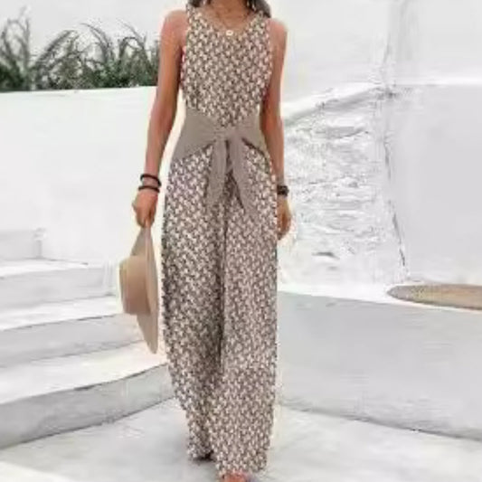 Womens Best-selling Waist-cinching Adjustable-lace-up Printed Jumpsuit