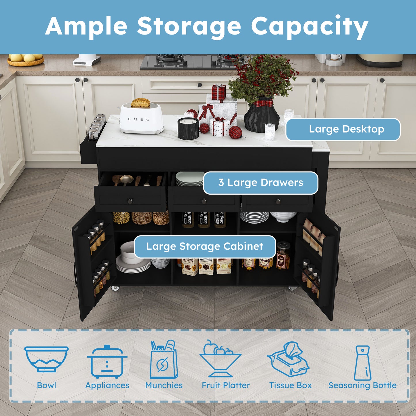 74.8 Kitchen Island With Extendable Dining Table  Marble Veneer Top & Built-in Power Outlet - Mobile Storage Cart With 3 Drawers & Cabinet  Rolling Kitchen Cart For Dining Room  Black