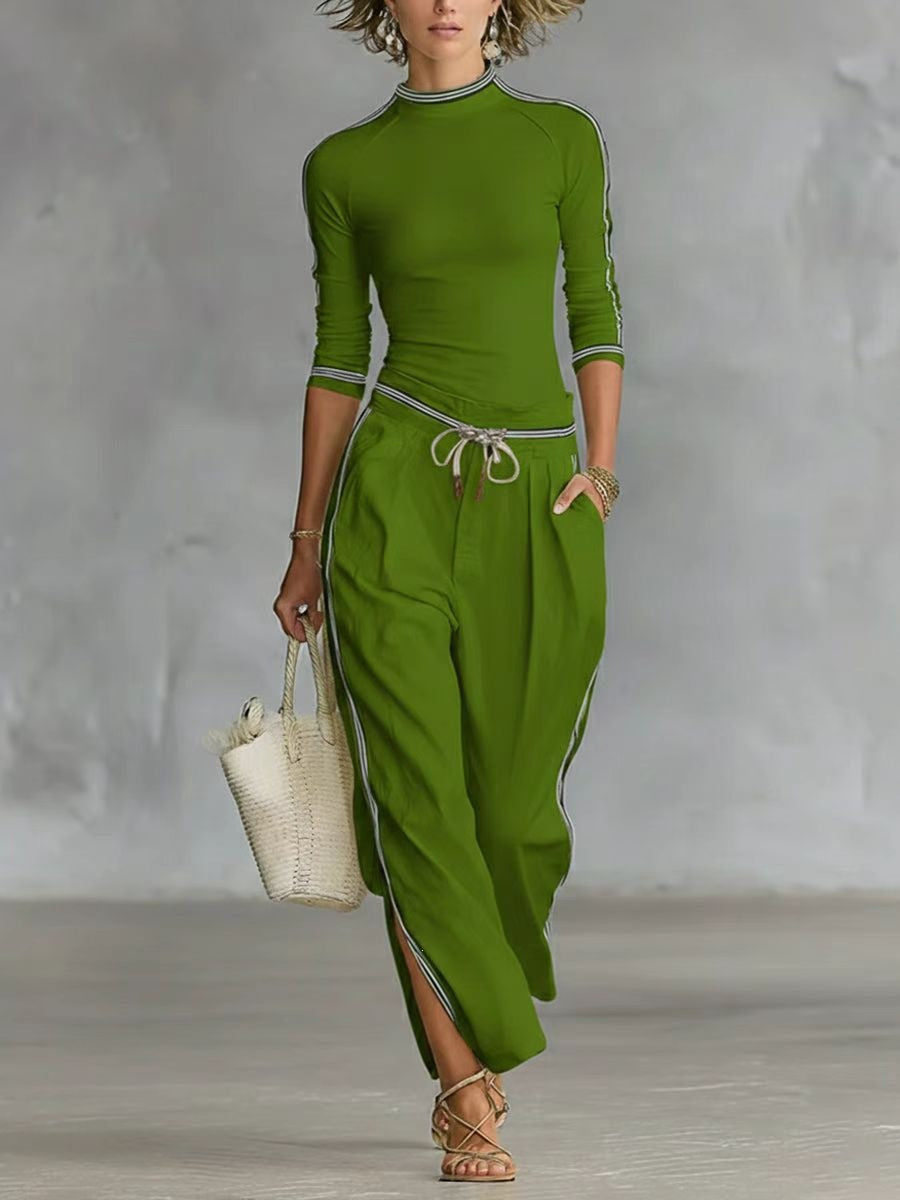 Womens Casual Striped Printed Fashion Top And Pants Set