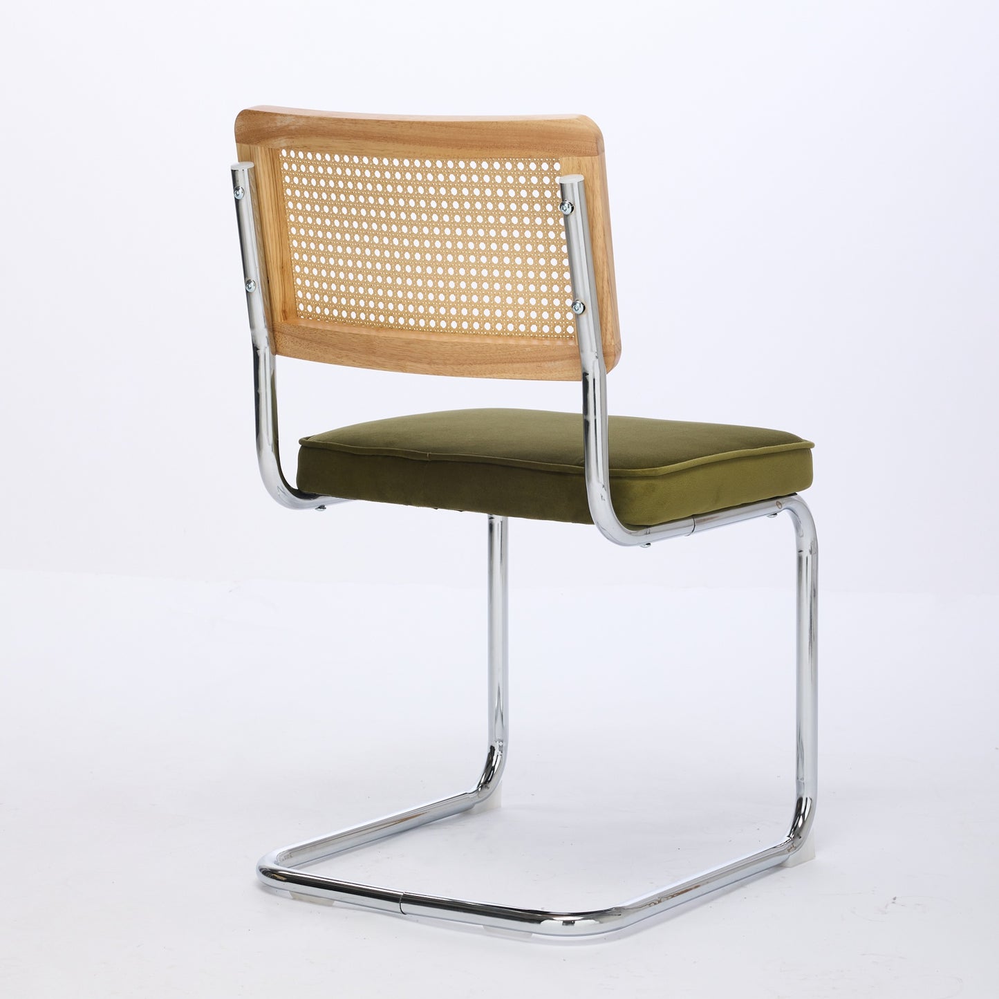 Mid Century Modern Dining Chairs Set Of 2, Velvet Accent Chairs With Natural Cane Back & Stainless Chrome Base, Famous Breuer Designed Chairs, Upholstered Rattan Kitchen Chairs,Olive Green, DE1851OL