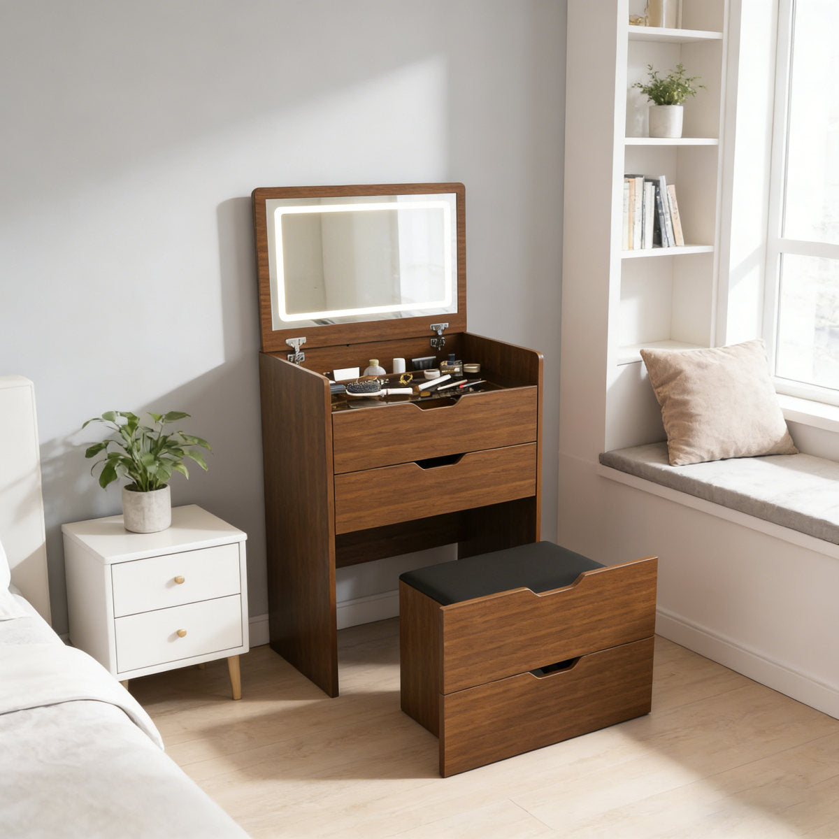 3-in-1 Vanity Desk With Lighted Mirror & Stool, Flip Top Makeup Dressing Table, Compact Storage For Bedroom, Bathroom, Dressing Room 23.62L, Walnut