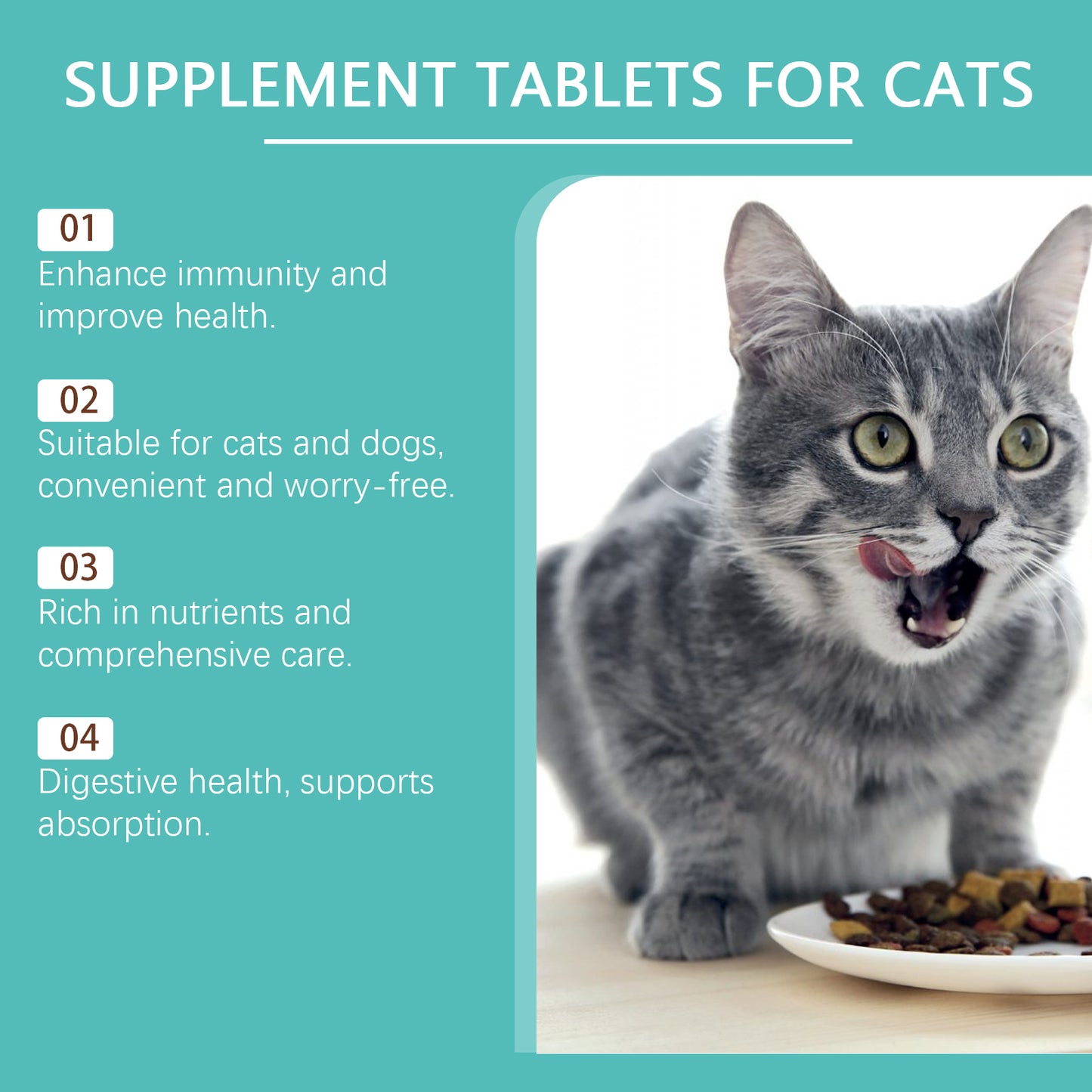 Cat Probiotic Supplement Tablets, Gut & Digestive Health Support With Vitamin B2 & Selenium, Immune, Skin & Vision Care, 80 Tablets
