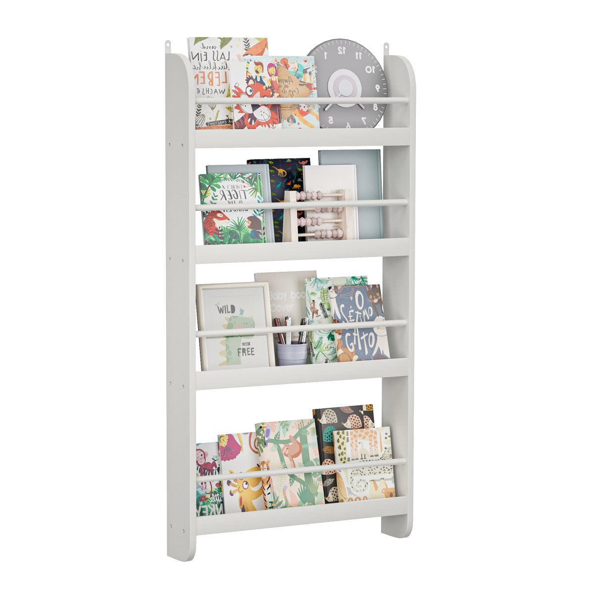 4-Tier Kids Bookshelf, Wall Mounted Kids Bookcases Organizer For Toys And Books