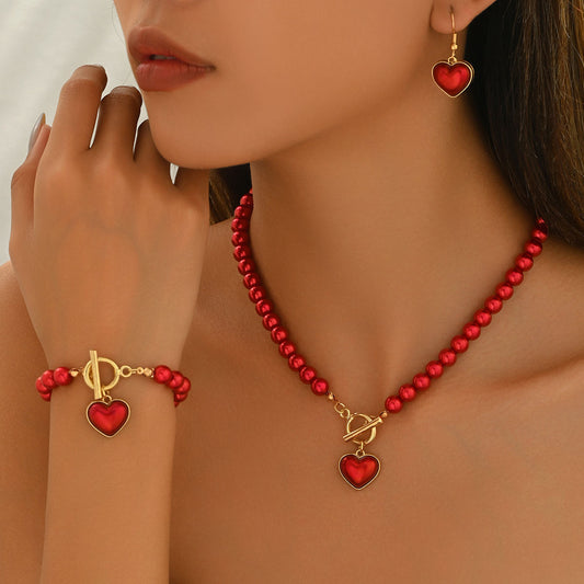 New European American Cross-border Women Jewelry Set, Geometric Heart Braided Necklace Decorated With Faux Pearl, Matching Versatile Earrings & Wrist Accessories