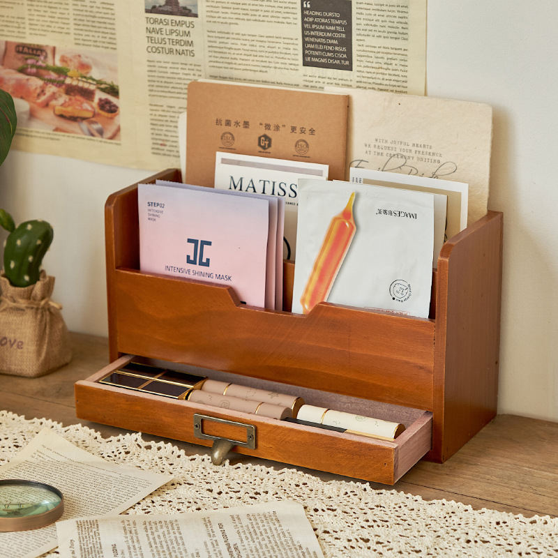 Retro Style Wooden Desktop Drawer Organizer Box - Office File Storage Cabinet For Desk Organization