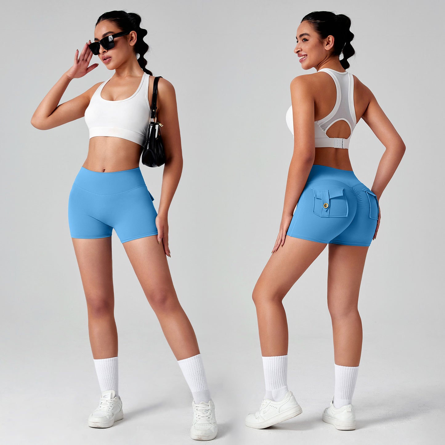 Women's High-Waisted Cargo Yoga Shorts With Pocket, Peach Hip Design Bare-Skin Feel, High Elastic, Quick-Dry Running & Fitness Pants